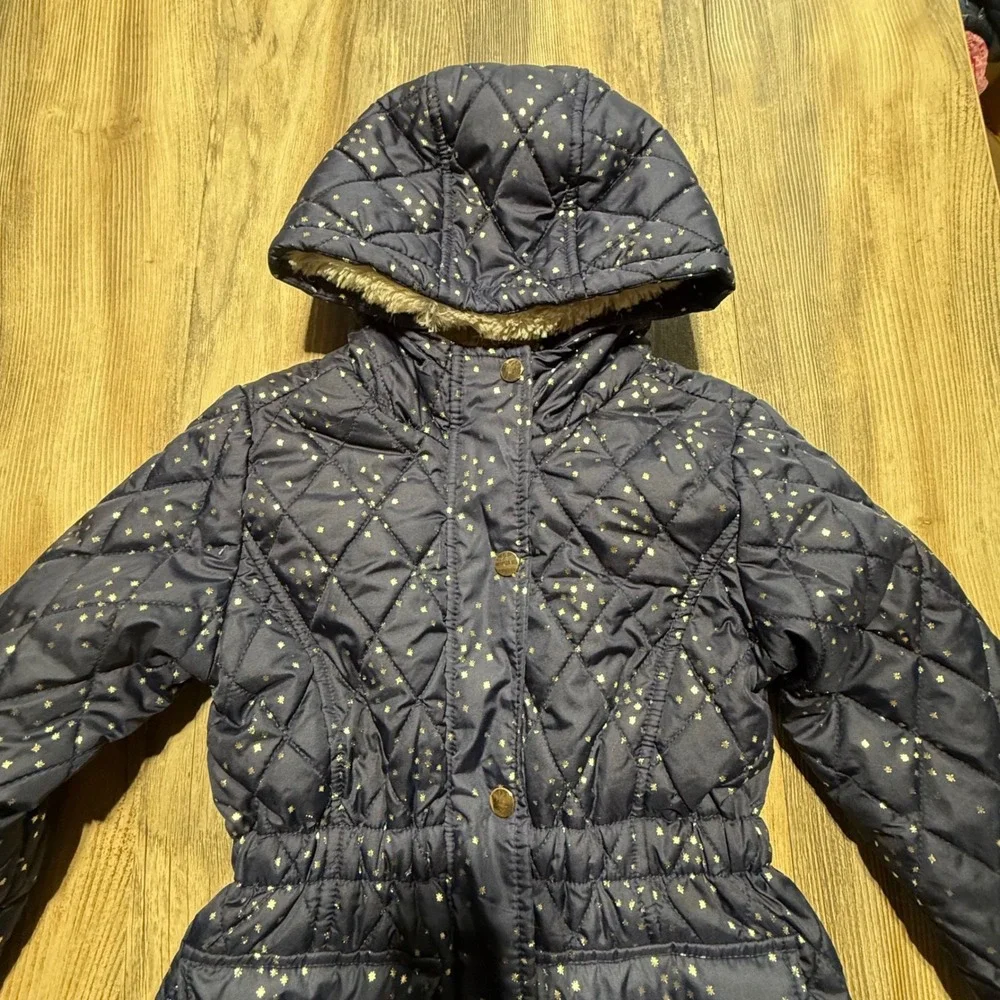 C&C California Girls Navy Gold Star Quilted Puffer Jacket Faux Fur Lining Size 7